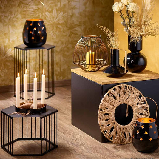 Windlicht Metall, schwarz gold, Goldoptik